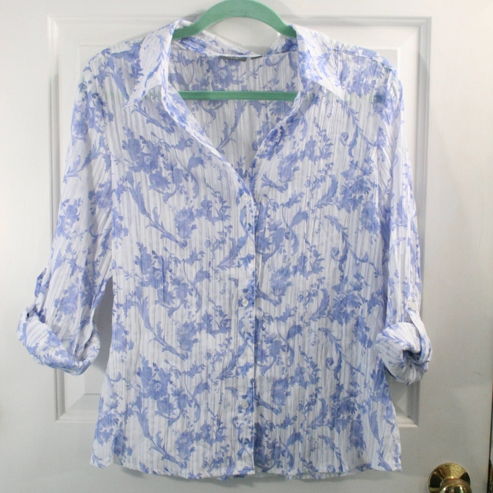 Blue and White Floral Button Down Top